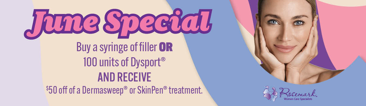 Beautiful face on banner announcing June aesthetic specials.
