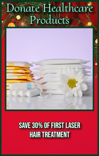 Donate healthcare product, save 30% on laser hair treatment promo banner.