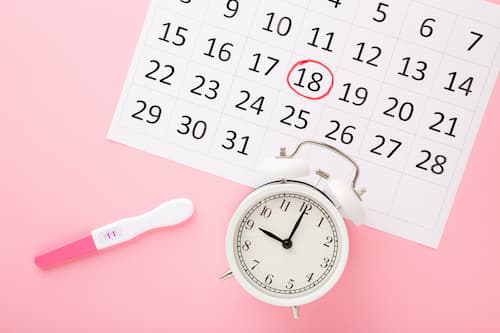 clock, calendar, and pregnancy test.